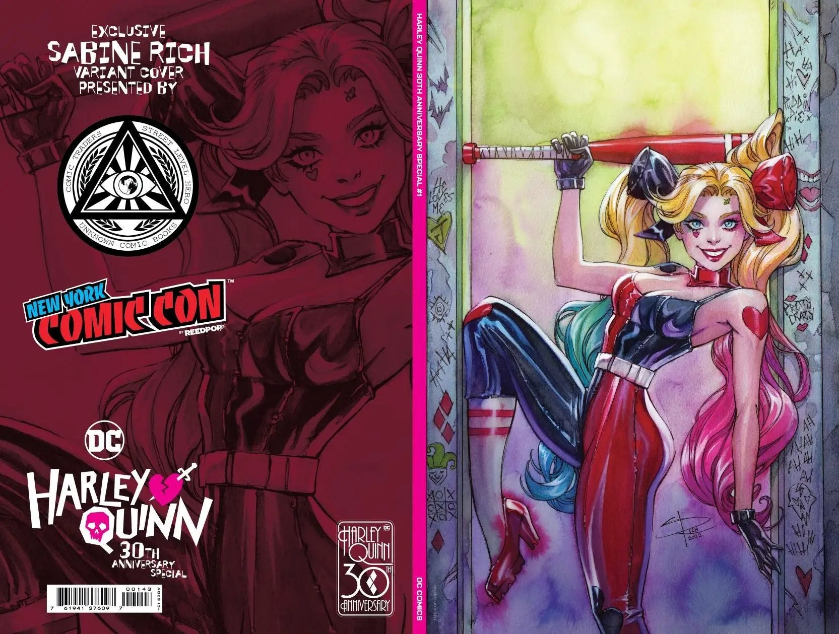 Harley Quinn 30th Anniversary comic book by Unknown Comics, Sabine Rich exclusive NYCC 2022 foil virgin variant cover.