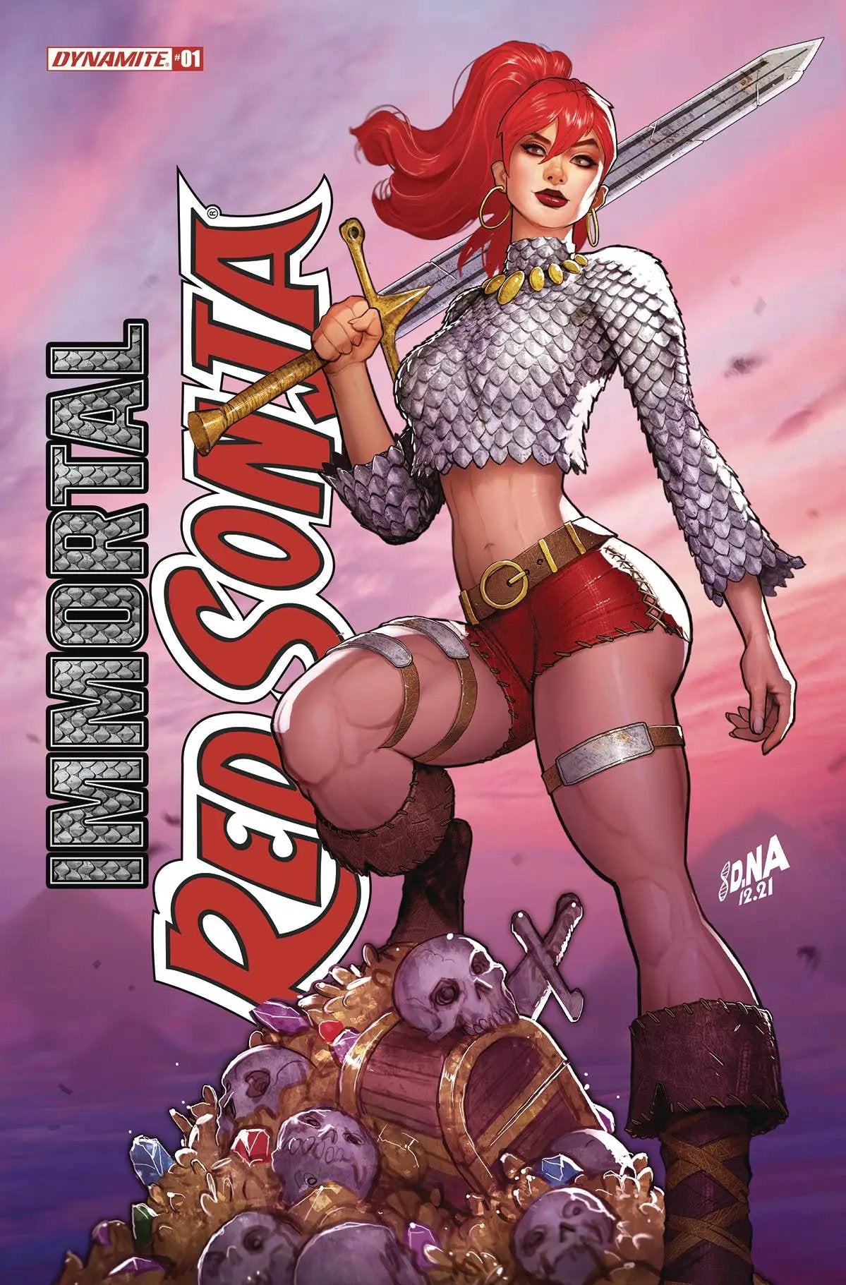 Signed Immortal Red Sonja #1 comic book by David Nakayama featuring exclusive foil-stamped logo, vibrant cover art.