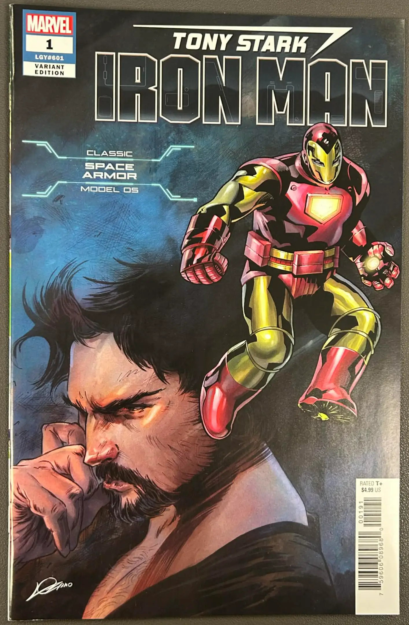 Cover of Tony Stark Iron Man comic book, #1 Classic Space Armor variant, published in 2018, featuring Iron Man in space-themed armor.