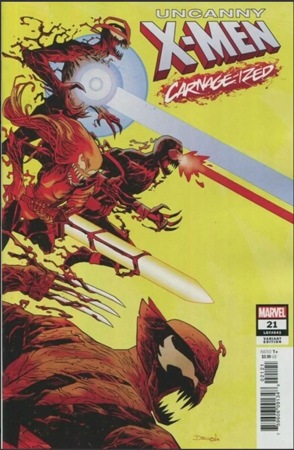 Comic book cover of UNCANNY X-MEN #21 Shalvey Carnage-ized variant, showcasing vibrant artwork and dynamic superhero characters.