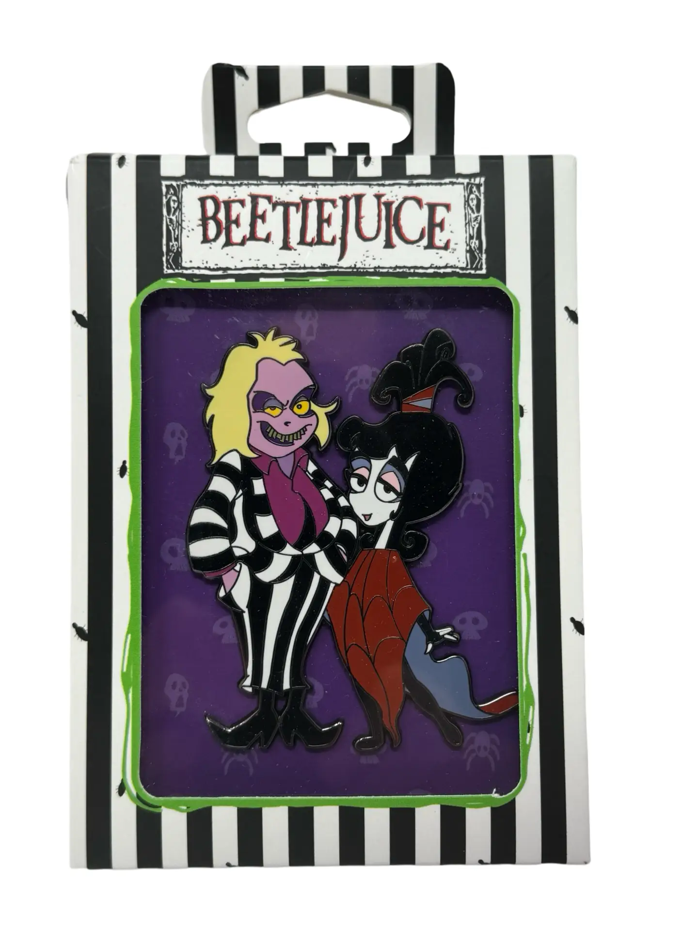 Animated Beetlejuice 3-inch enamel collector pin by Unknown Comics featuring character design, displayed on a plain background.