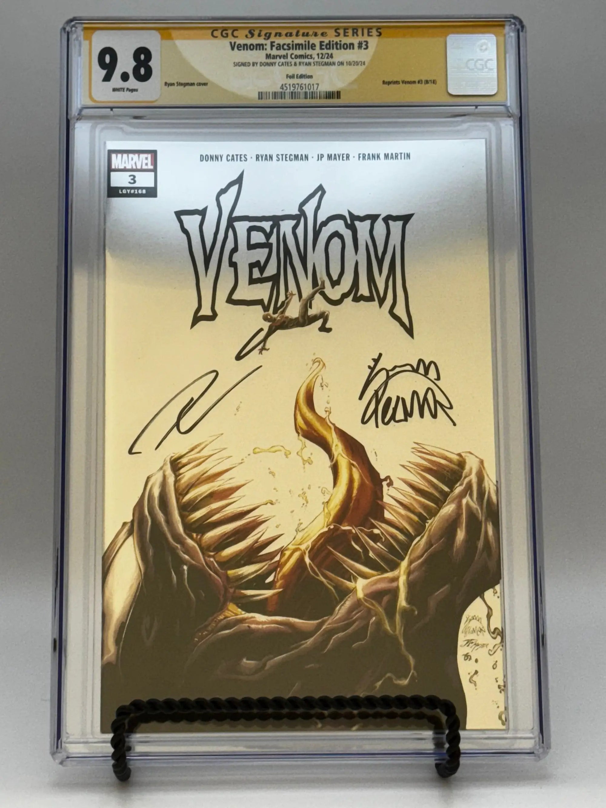 Signed Venom #3 comic book by Ryan Stegman with COA, CGC 9.8, Unknown Comics exclusive foil variant, in stock.