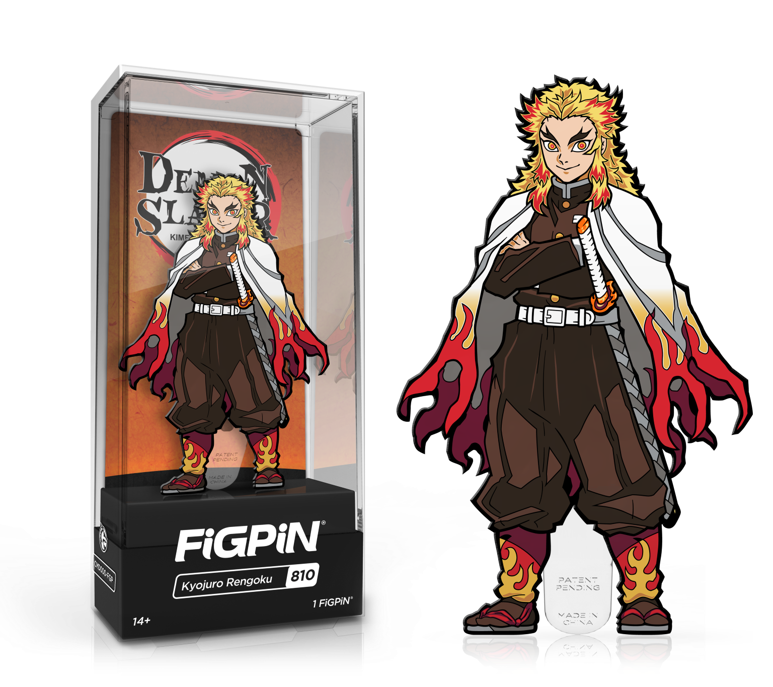 FiGPiN Demon Slayer Kyojuro Rengoku collectible pin from THE MIGHTY HOBBY SHOP, featuring detailed character design on a white background.