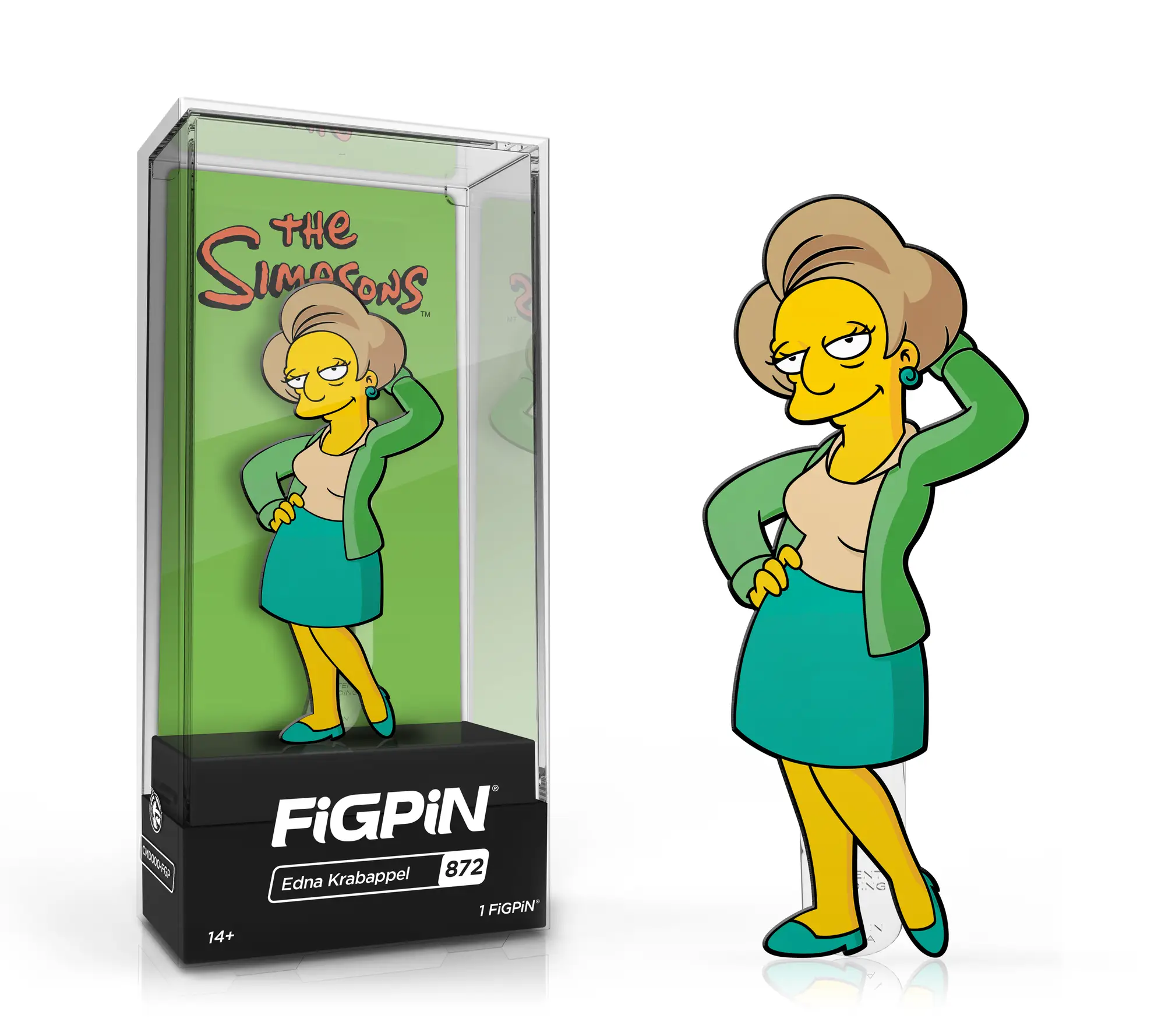 Limited edition FiGPiN featuring Edna Krabappel from The Simpsons, collectible enamel pin with detailed design.