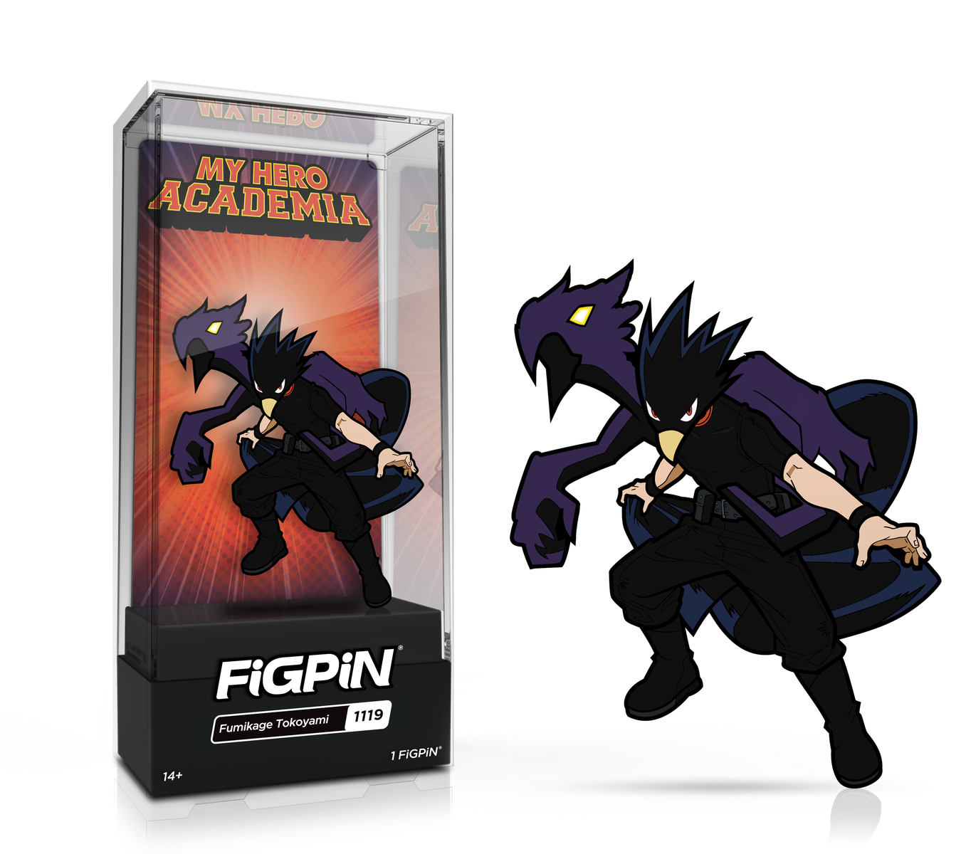 FiGPiN My Hero Academia Fumikage Tokoyami collectible pin featuring detailed design and vibrant colors on a white background.
