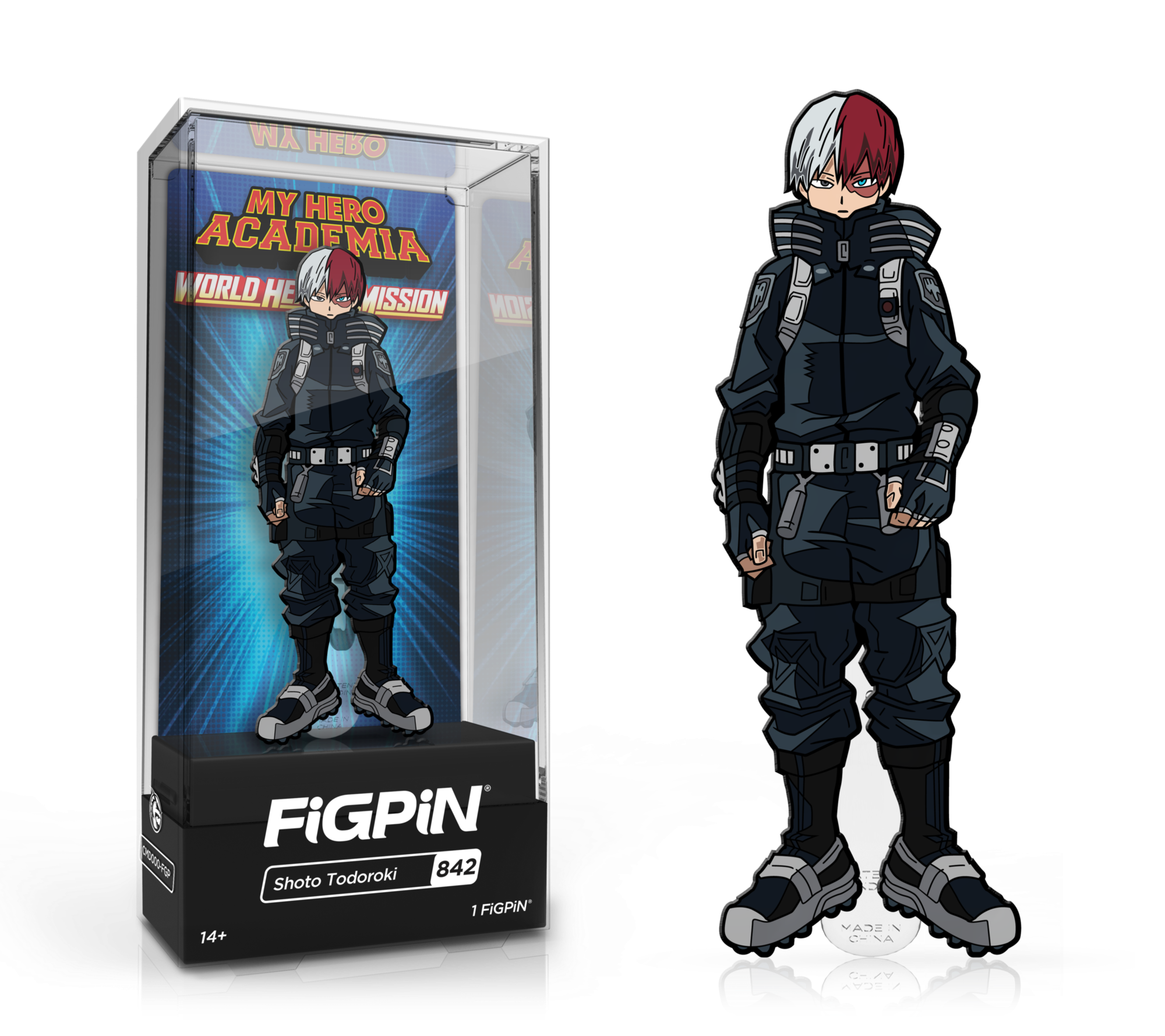 FiGPiN My Hero Academia Shoto Todoroki collectible pin from World Heroes Mission, featuring detailed character design and branding