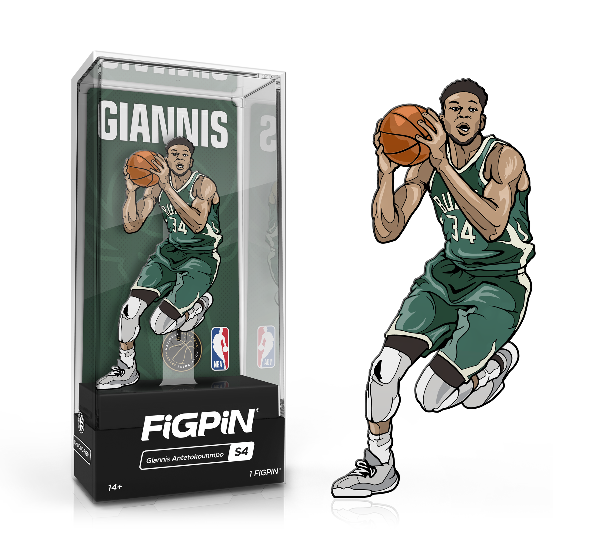 NBA Giannis Antetokounmpo FiGPiN sports collectible figure by THE MIGHTY HOBBY SHOP, featuring detailed design and team jersey.