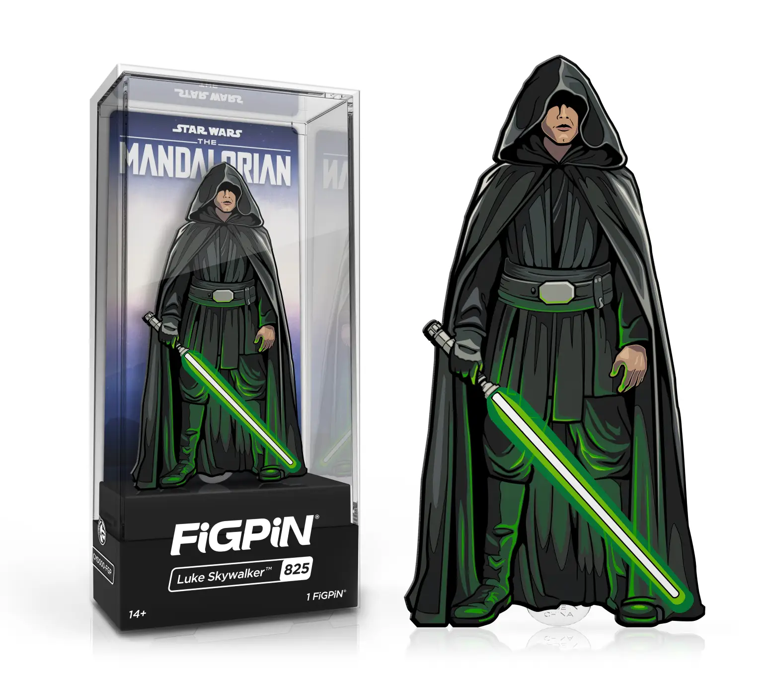 FiGPiN collectible figure of Luke Skywalker from The Mandalorian, featuring detailed design and iconic character pose.