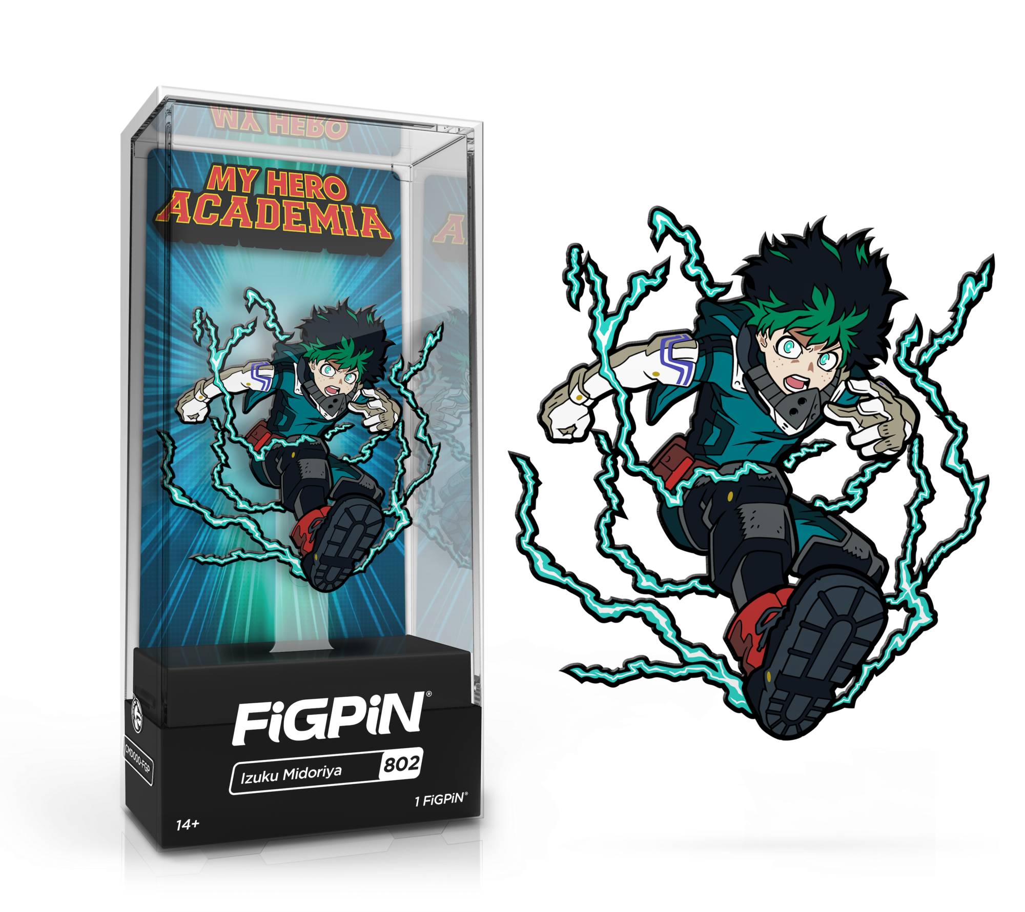 FiGPiN My Hero Academia Izuku Midoriya collectible pin, detailed figure with green hero costume and determined expression.