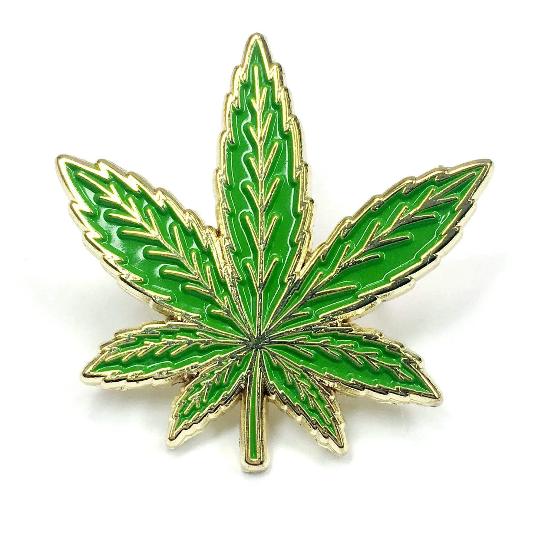 Kolorspun enamel weed leaf pins featuring detailed green and black design, perfect for accessories and clothing embellishments.