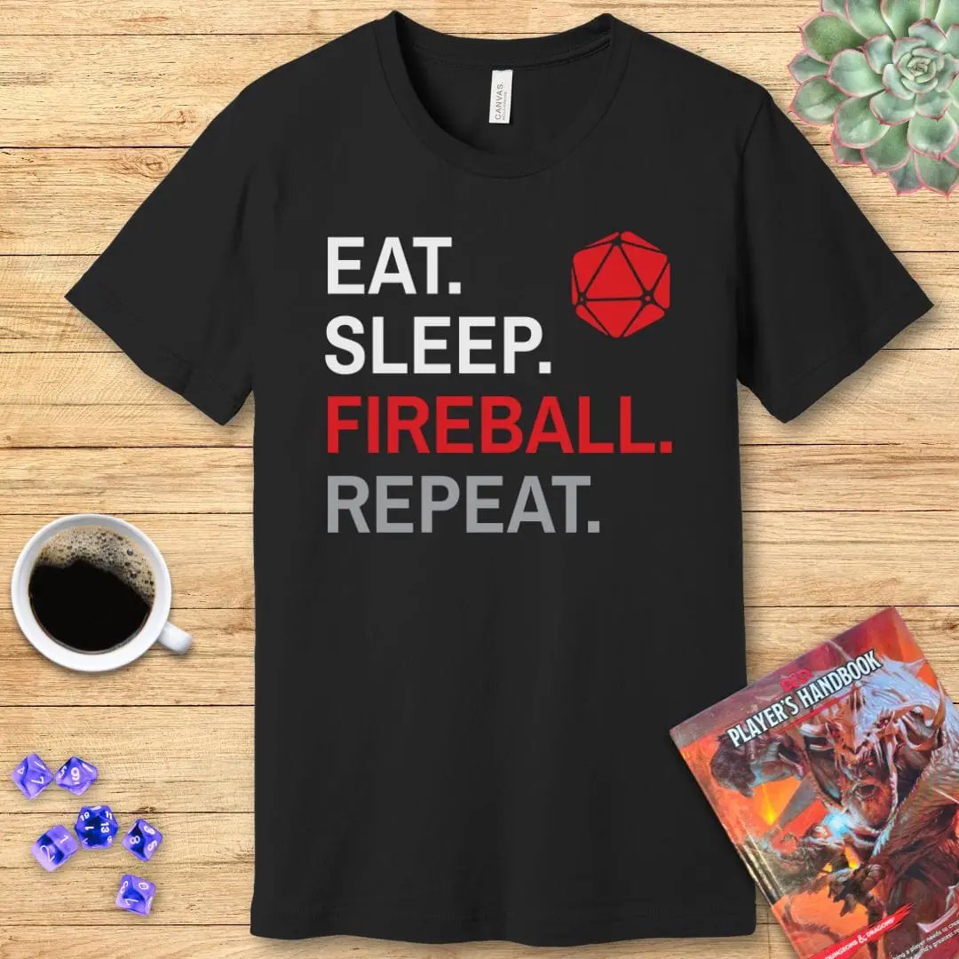 Wizard Class T-Shirt – 'Eat, Sleep, Fireball, Repeat' by Sunburst RPG