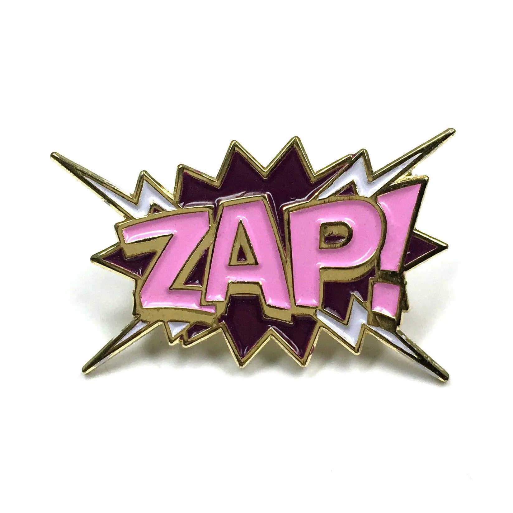 Colorful ZAP! pop art enamel pin by Kolorspun featuring bold comic-style design and vibrant colors.