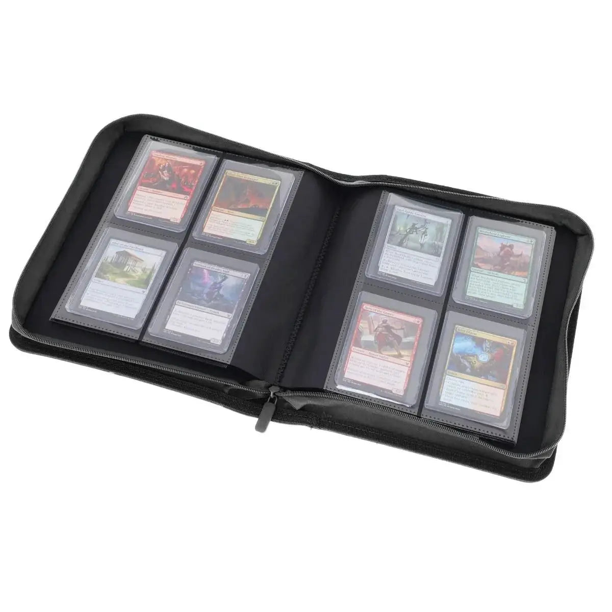 Open Z-Folio 4-Pocket LX album by THE MIGHTY HOBBY SHOP with black toploaders, showcasing organized display of collectible cards.