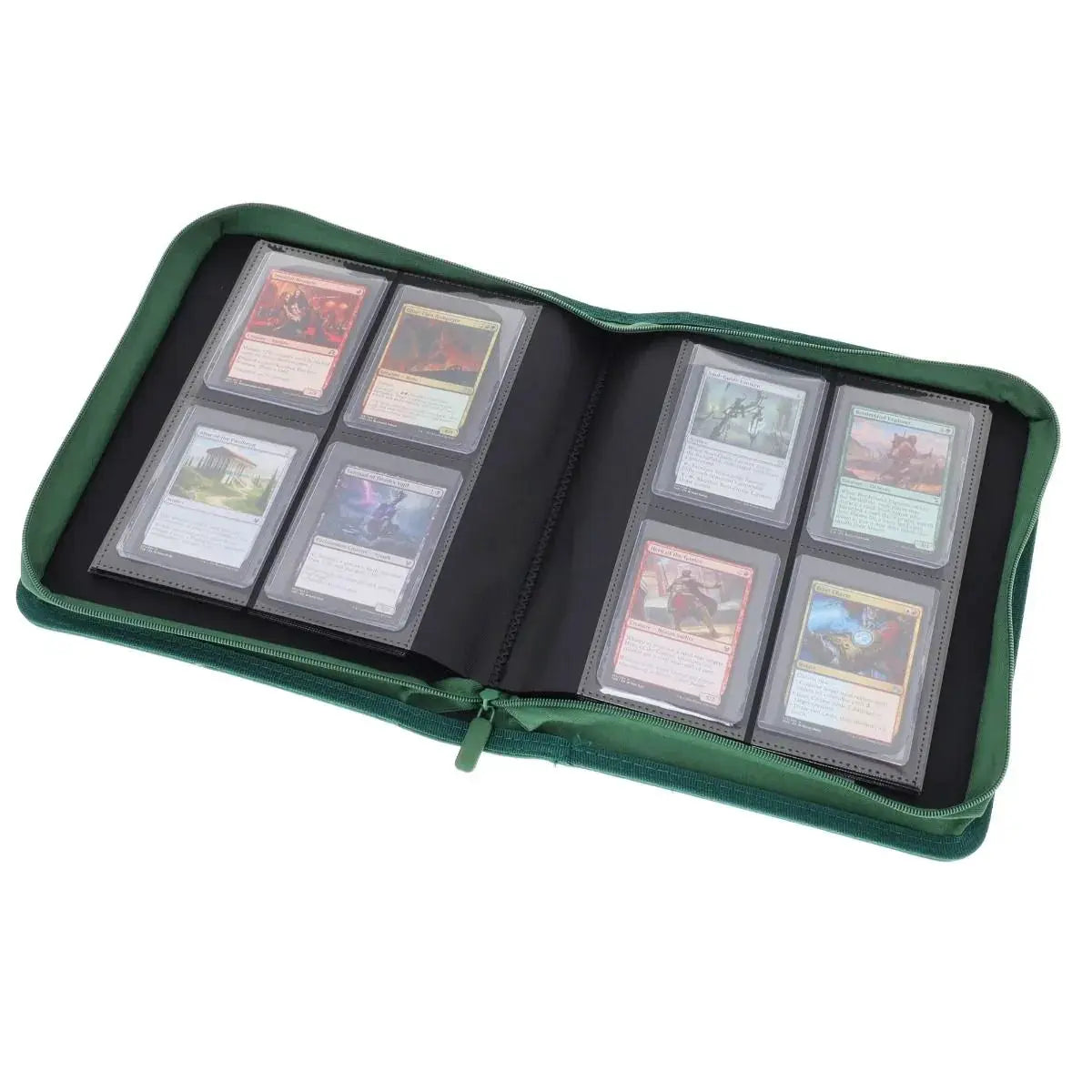 Open Z-Folio 4-Pocket LX album in green with top loaders, showcasing card storage pages and vibrant green cover.