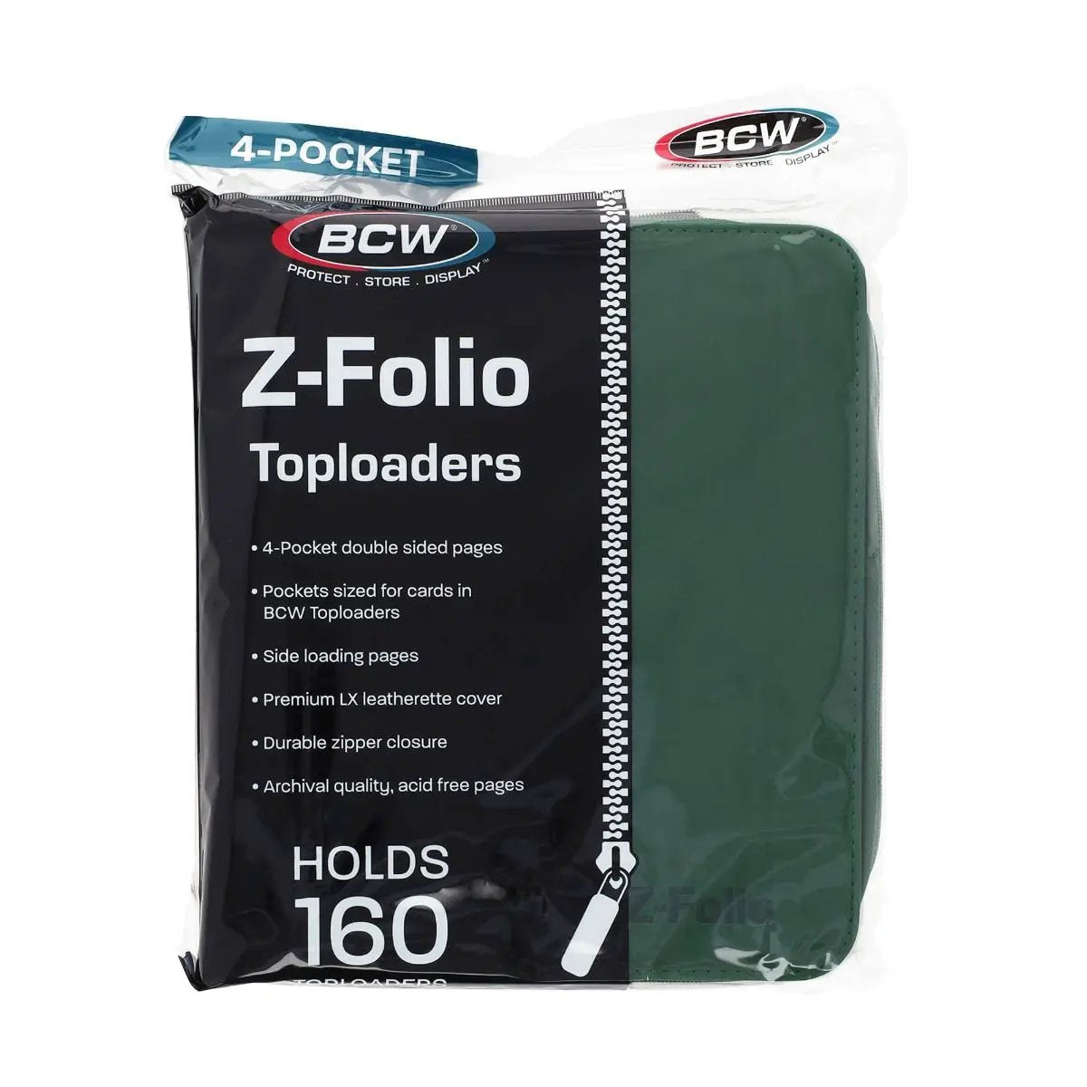 Green Z-Folio 4-Pocket LX album with toploaders, showcasing a front view of the product package and its contents.