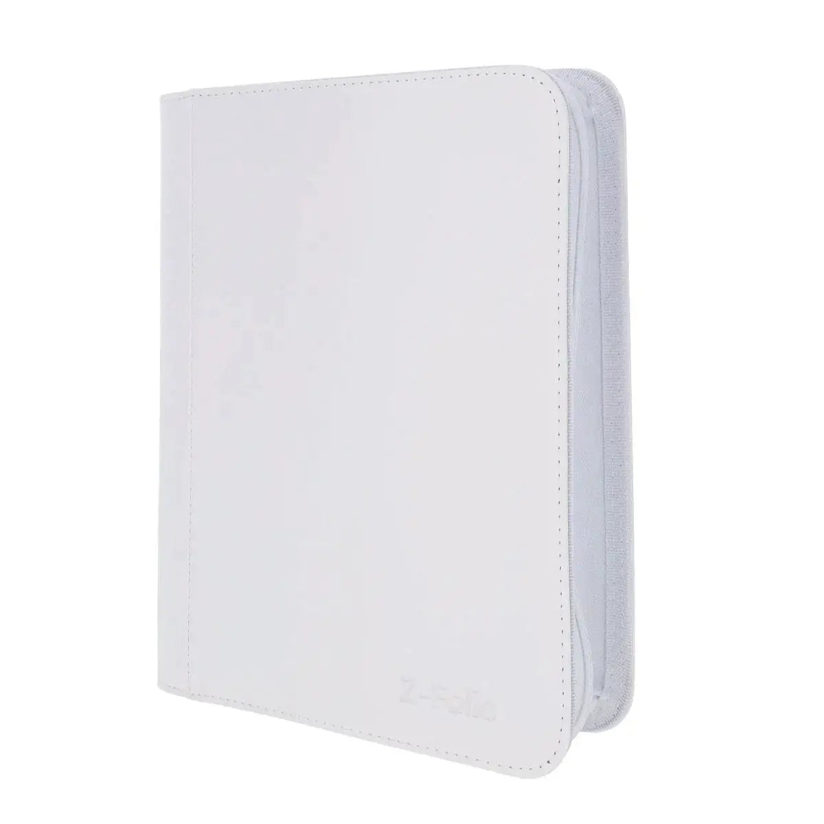 Z-Folio 4-Pocket LX Album by THE MIGHTY HOBBY SHOP with white toploaders, showing the open album with card pockets and white interior pages.