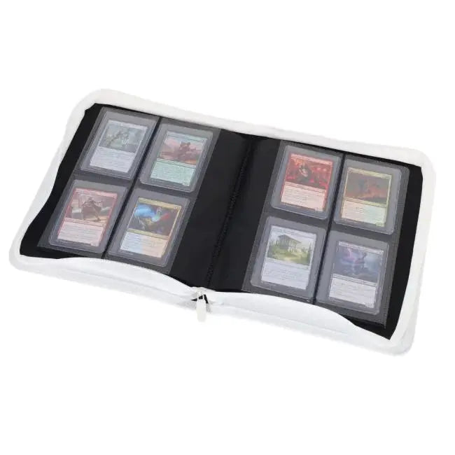 Open Z-Folio 4-Pocket LX album by THE MIGHTY HOBBY SHOP with white toploaders, showcasing clear plastic pockets for collectibles.