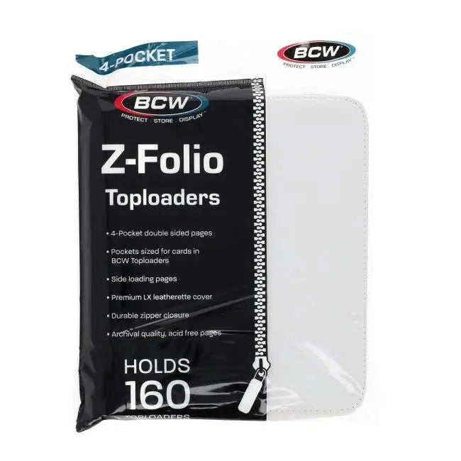 White Z-Folio 4-Pocket LX Album with top loaders from THE MIGHTY HOBBY SHOP, showing front view of the packaged album.