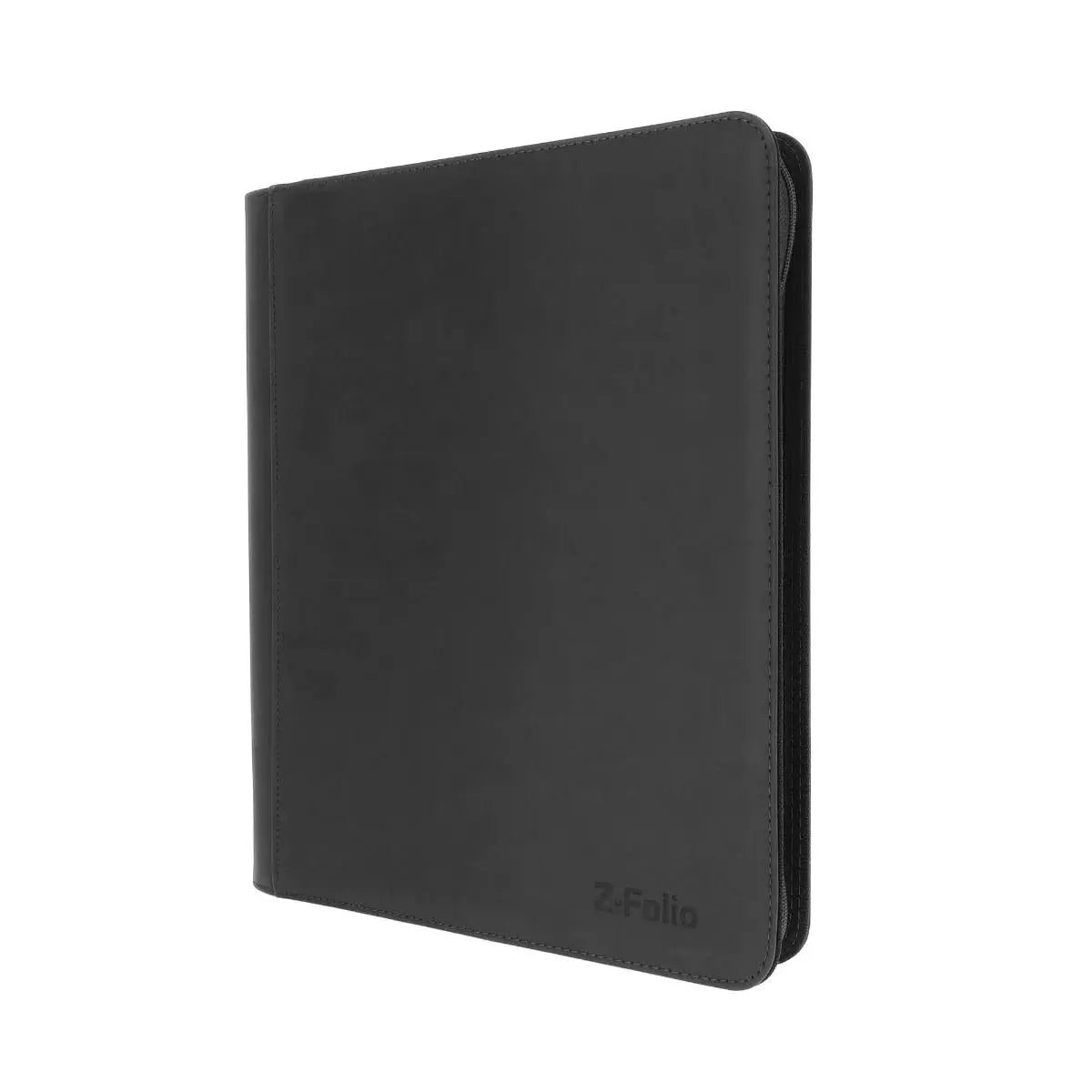 Black Z-Folio 9-Pocket LX album with top loaders, shown from an angled view, designed for collectible card organization.